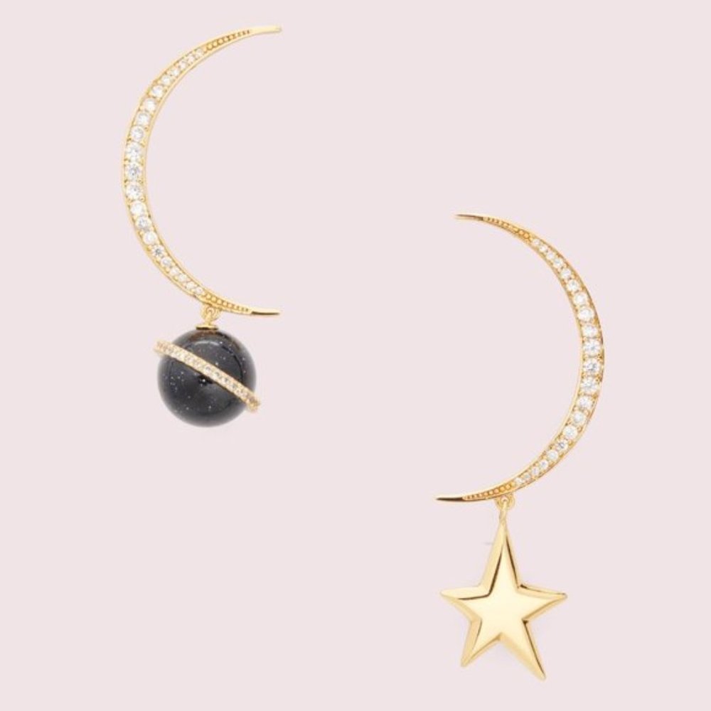 New Kate Spade gold plated ON THE ROCKS moon and star planet earrings.